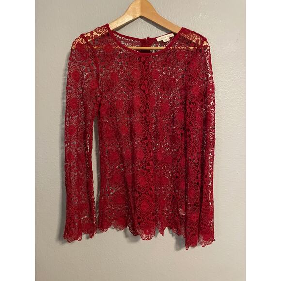 Double Zero Womens Tunic Size Small Red Floral Crochet Lace Sheer Whimsical READ - Picture 1 of 9
